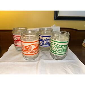 Vintage 70s Anchor Hocking 4 Seasons Peanut Butter Jar Set Blue Orange Red Green